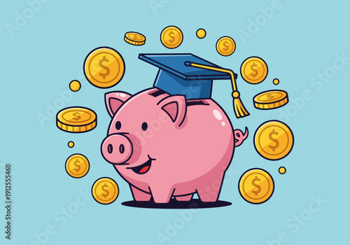 Cartoon Piggy Bank with Graduation Cap Surrounded by Gold Coins on Blue Background