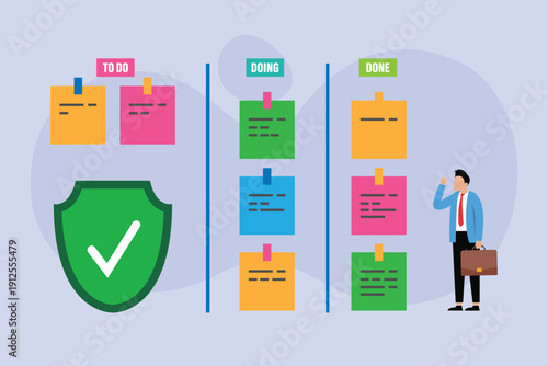 Businessman Managing Project Tasks with Kanban Board and Secure Data Shield Protection 2d flat vector illustration