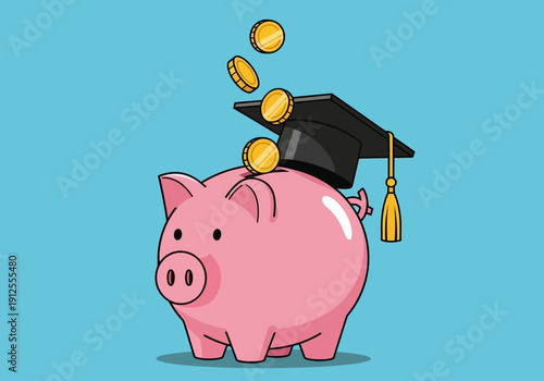 Piggy Bank with Graduation Cap and Falling Coins Illustration