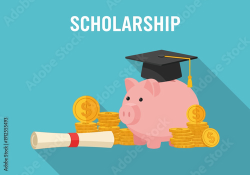 Scholarship Concept with Piggy Bank, Diploma, and Graduation Cap