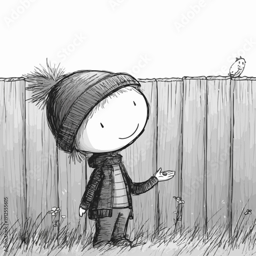 A Friendly Kid Interacting with a Bird Near a Fence. The charming image features a child with a bird, creating a warm, heartwarming scene. 