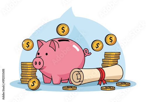Pink Piggy Bank with Gold Coins and Diploma Illustration