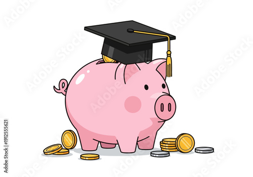 Piggy Bank with Graduation Cap and Coins Illustration