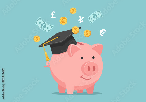 Piggy Bank with Graduation Cap and Money Illustration