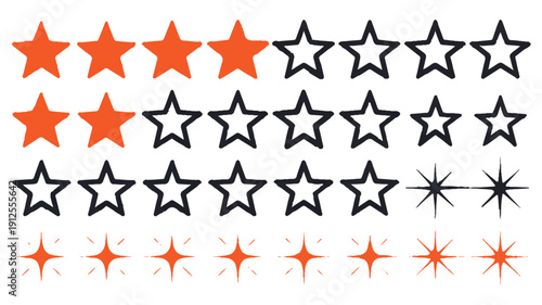 Variety of Star Rating Symbols and Sparkle Icons for Customer Feedback and Design Elements