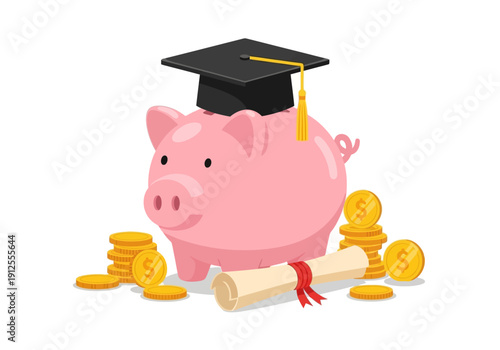 Piggy Bank with Graduation Cap, Diploma, and Gold Coins Illustration