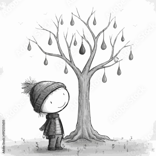A cute illustration of a child staring at a tree with unique hanging objects