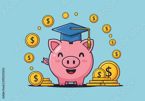 Cartoon Piggy Bank with Graduation Cap and Dollar Coins on Blue Background