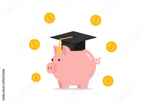 Piggy Bank with Graduation Cap and Coins Illustration