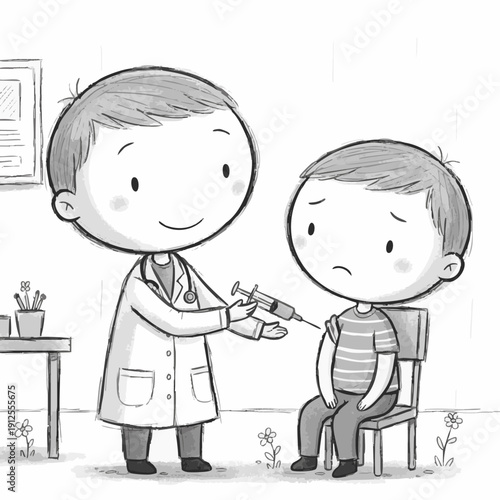 Doctor Giving Child a Vaccine: An illustration of a doctor administering a vaccine to a child in a medical setting. The child appears apprehensive, showcasing the realities of healthcare.