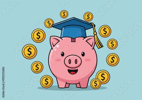 Cartoon Piggy Bank with Graduation Cap Surrounded by Coins