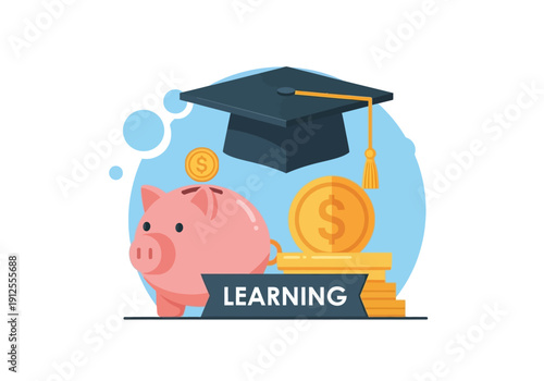 Saving for Education: Piggy Bank, Graduation Cap, and Coins Illustration