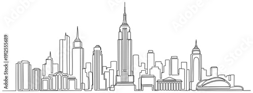 Minimalist one line drawing of a city skyline with skyscrapers and urban landmarks representing New York City architecture travel and metropolitan life (22 words)