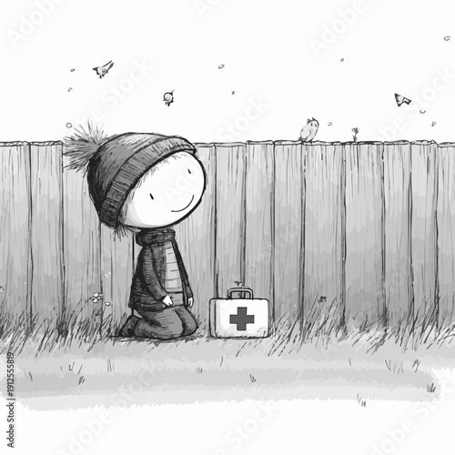 A heartwarming illustration depicting a young person kneeling beside a first aid kit and looking towards a bird perched on a fence. The scene evokes a sense of care and contemplation.