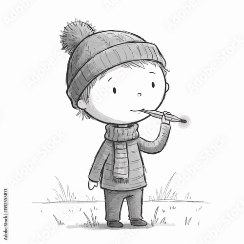 A Little Boy in Winter Attire with a Thermometer. Illustration depicting a young child with a hat, scarf, and a thermometer