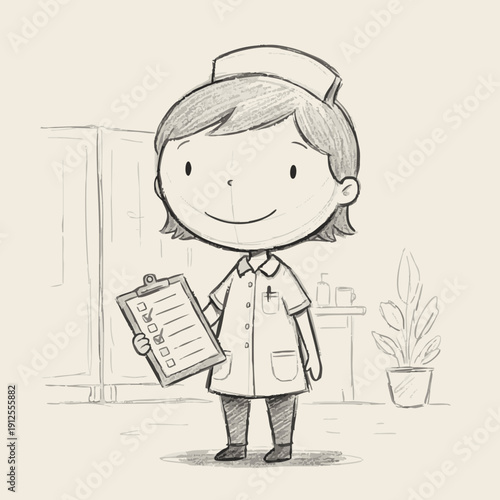 A cute cartoon nurse holds a clipboard, ready to assist her patients. She is standing in a brightly lit room with a cheerful disposition and her clipboard filled with necessary documentation