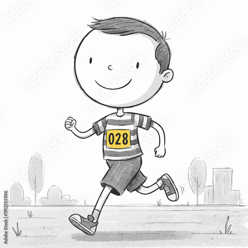 An illustration of a young boy participating in a running race, exuding determination and joy