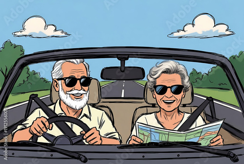 Happy pensioners go on holiday in their old convertible.