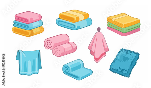 Cute towel and cloth collection with rolled folded and hanging fabric towels vector set