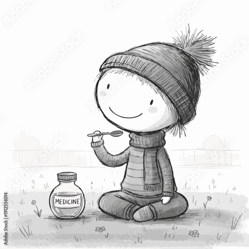 A cute cartoon character taking medicine to get well. The image portrays the concept of health, care, and recovery 