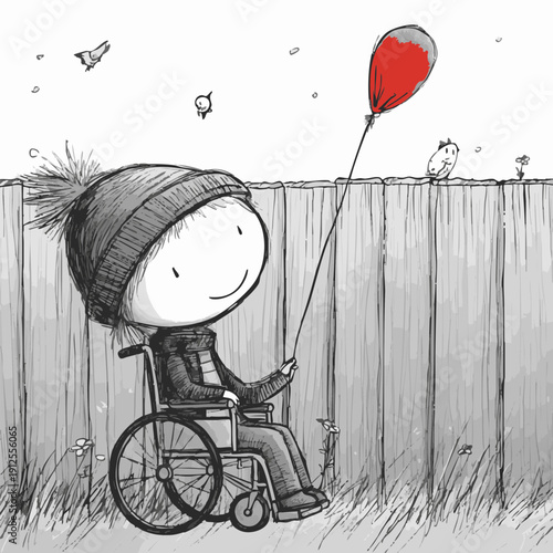 A heartwarming illustration of a child in a wheelchair happily holding a red balloon