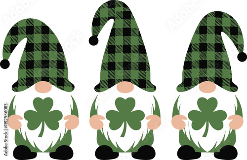 Trio of St. Patrick’s Day Gnomes with Shamrocks, Festive Garden Gnomes in Green Buffalo Plaid Hats, Minimalist Vector Illustration of Lucky Leprechaun Gnomes, vector, illustration, silhouette