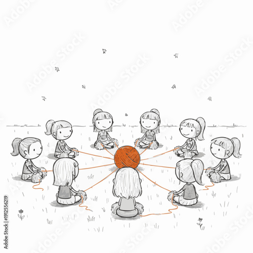 A group of girls forming a circle around a ball of yarn, connected by strings, symbolizing unity and connection