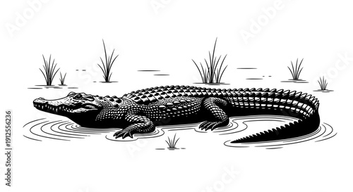 Monochromatic illustration of an alligator in a swamp, capturing its reptilian details and habitat.