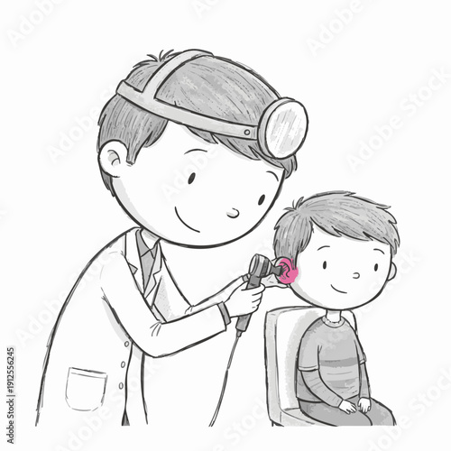 Doctor examining a child's ear with an otoscope, promoting health and wellness