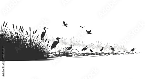 Silhouettes of herons and other birds in a wetland landscape with reeds and water.