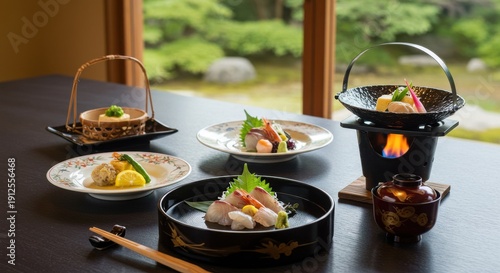 日本庭園を望む窓辺のテーブルに並べられた、刺身や煮物、揚げ物など彩り豊かな和食のコース料理が、黒い漆器や陶器の器に盛り付けられ、一部は固形燃料で温められている様子。