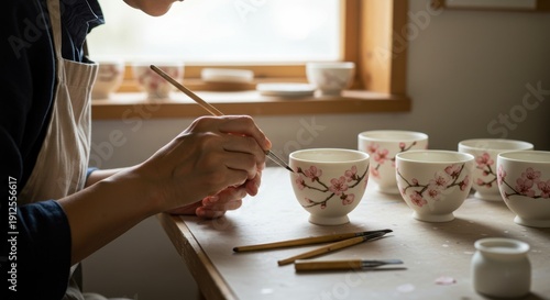 陶芸家が工房で桜の繊細なピンク色の花びらを手描きで白い陶器の湯呑みに絵付けしているクローズアップ。伝統工芸の作業風景。