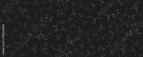 Abstract white dotted curved lines forming playful swirling loops on black background. Seamless decorative pattern with dynamic movement and rhythm.