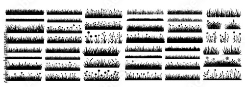 Black Grass and Wildflower Silhouette Borders. Seamless Meadow Lawn Floral Landscape Divider Vector Pack.