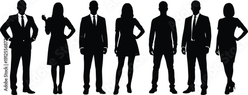 Silhouettes of business professionals standing together, teamwork, leadership, corporate unity, diversity, success, organization, collaboration, confidence, management, career, workplace, achievement