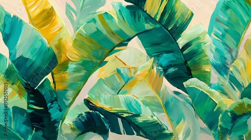 Vibrant abstract painting of tropical banana leaves in green and yellow hues.