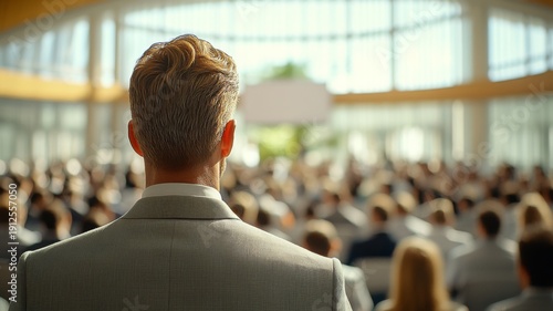 Back view of a man in a suit attending a large conference or presentation, focus on the speaker's perspective