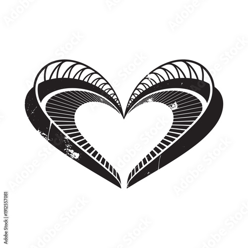 A stark black and white graphic depicts a stylized stadium or arena resembling an open heart shape