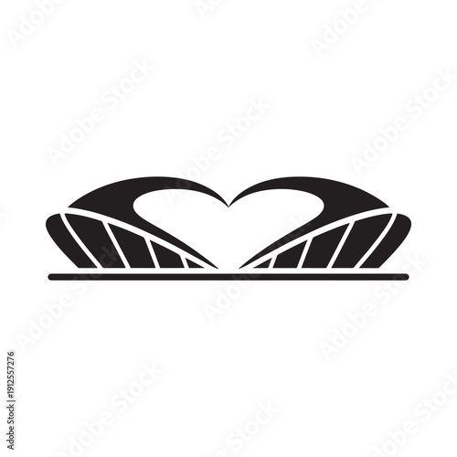 A minimalist black and white illustration depicts a heart shaped space within an architectural structure high quality