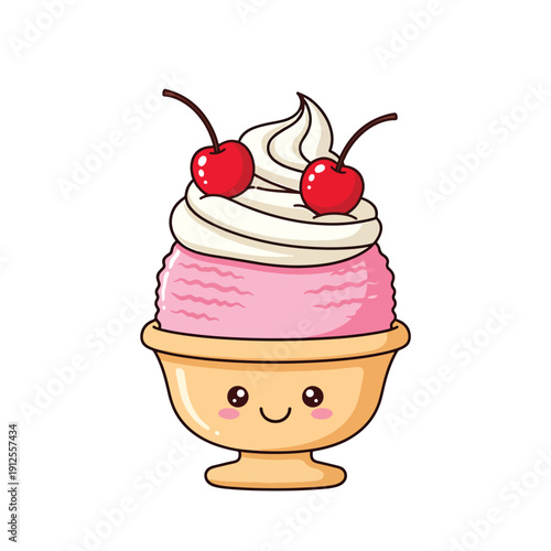 Delightful Kawaii Ice Cream Sundae Illustration with Cherries and Whipped Cream
