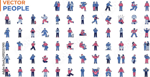Vector people illustration showing diverse activities, walking, running, talking, mobile use, pets, lifestyle, community, diversity, everyday actions, cartoon design, interaction
