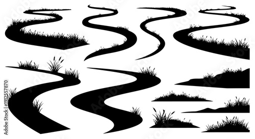 Set of winding paths and grassy elements, black silhouettes on white background, illustrating nature trails and landscapes.