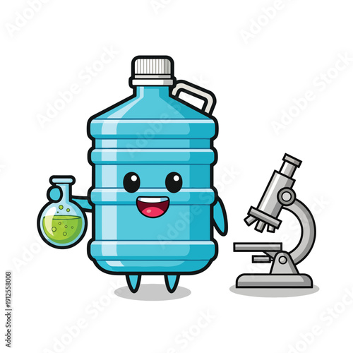 Smiling water container character conducting science experiment, holding flask with microscope