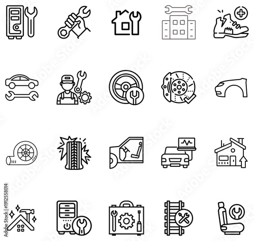 Collection of line representing auto repair services and tools wrench
