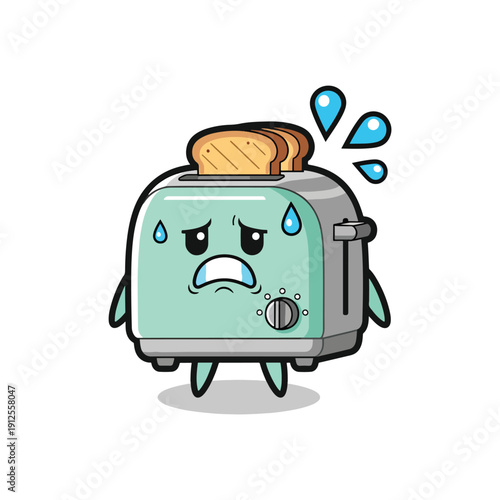 Distressed Cartoon Toaster Sweating with Toast Slices Inside, Expressing Anxiety
