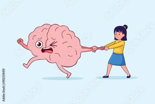 Cartoon vector illustration of a girl pulling a brain character, representing mental struggle, motivation, psychology, stress management, and mind control concept isolated on background.