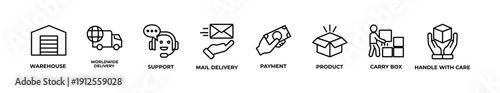 Logistics service banner web icon vector illustration featuring warehouse, worldwide delivery, customer support, mail delivery, payment process, product packaging, carry box, and handle with care