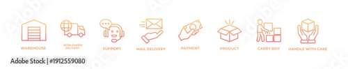 Logistics service banner web icon vector illustration featuring warehouse, worldwide delivery, customer support, mail delivery, payment process, product packaging, carry box, and handle with care