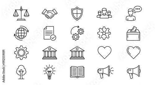 Legal and civic icons in a linear style silhouette