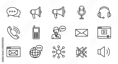 Communication icons featuring microphones speakers and messaging silhouette